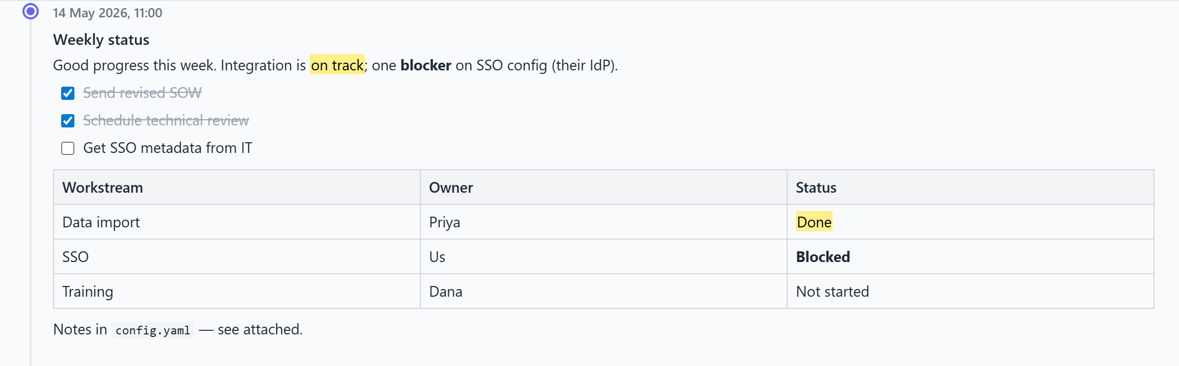 A single entry combining a heading, highlighted and bold text, a task list, a table, and inline code.