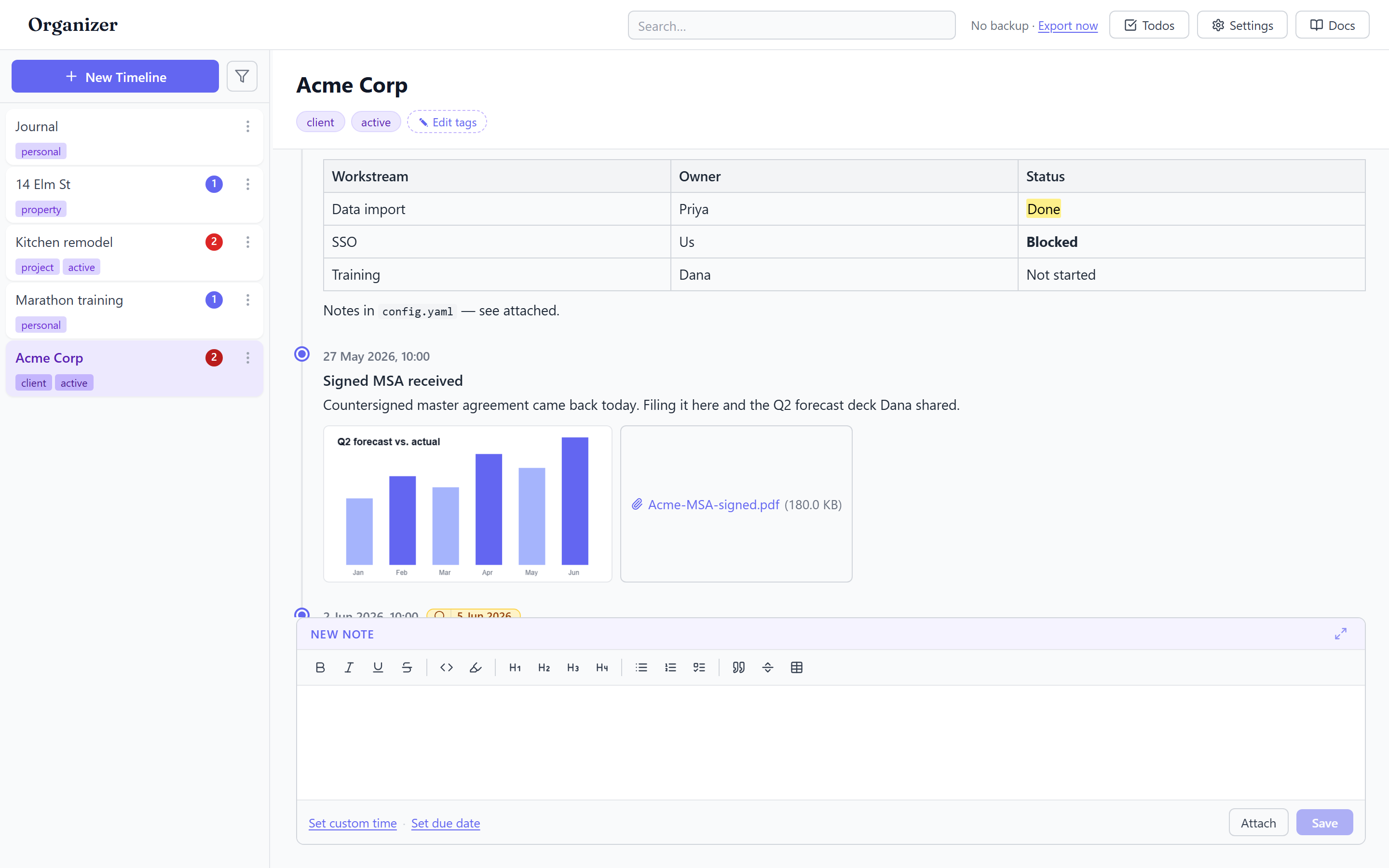 The Organizer app: timelines in the sidebar, a timeline of rich-text entries, and the note editor.