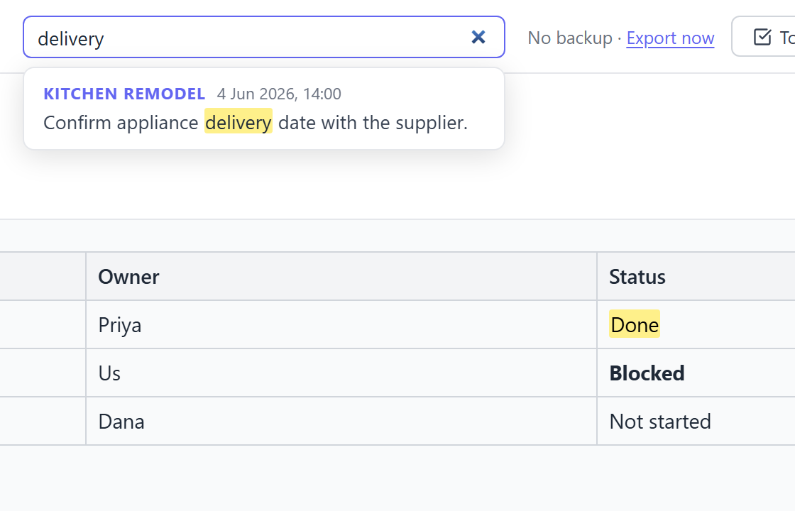 Searching for "delivery" shows matching entries with the term highlighted and the timeline each belongs to.