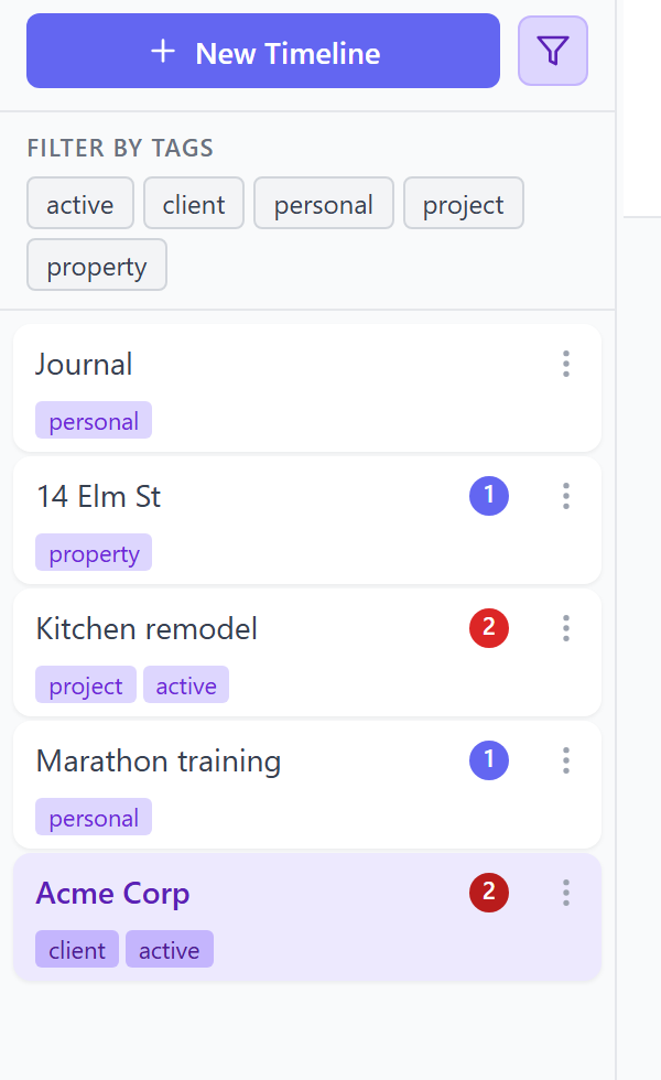 The sidebar with the tag filter open, showing tag chips above the tagged, badge-counted timelines.